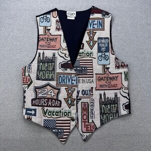 Vintage 90s CLIO Tapestry Vest Womens M Travel Road Trip New York USA Flag